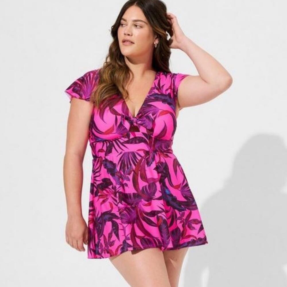 Torrid 2X Pink Tropical Flutter Sleeve Skater Swim Dress Resort Vacation Wear
